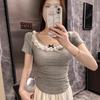 2025 Summer Sweet Girl Pure Cotton Butterfly Lace Slim Fit T-shirt