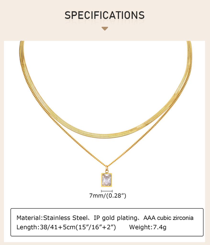 Layering Necklace for Women, Gold Plated Stainless Steel Green Zirconia Rectangle Pendant, Herringbone Chain Choker, Set 2Pcs