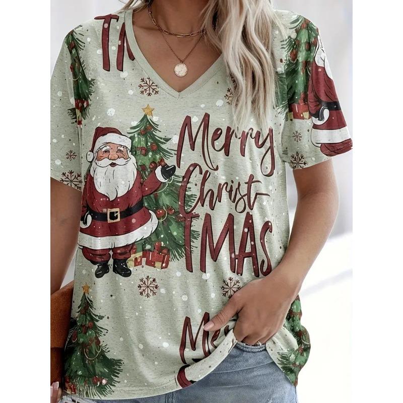 Μόδα Γυναικείο T-shirt Χριστουγεννιάτικο Δέντρο Print V Λαιμόκοψη Κοντομάνικο Βασικά Τοπ Streetwear Καλοκαίρι Oversized Ρούχα Γυναικεία T-shirts