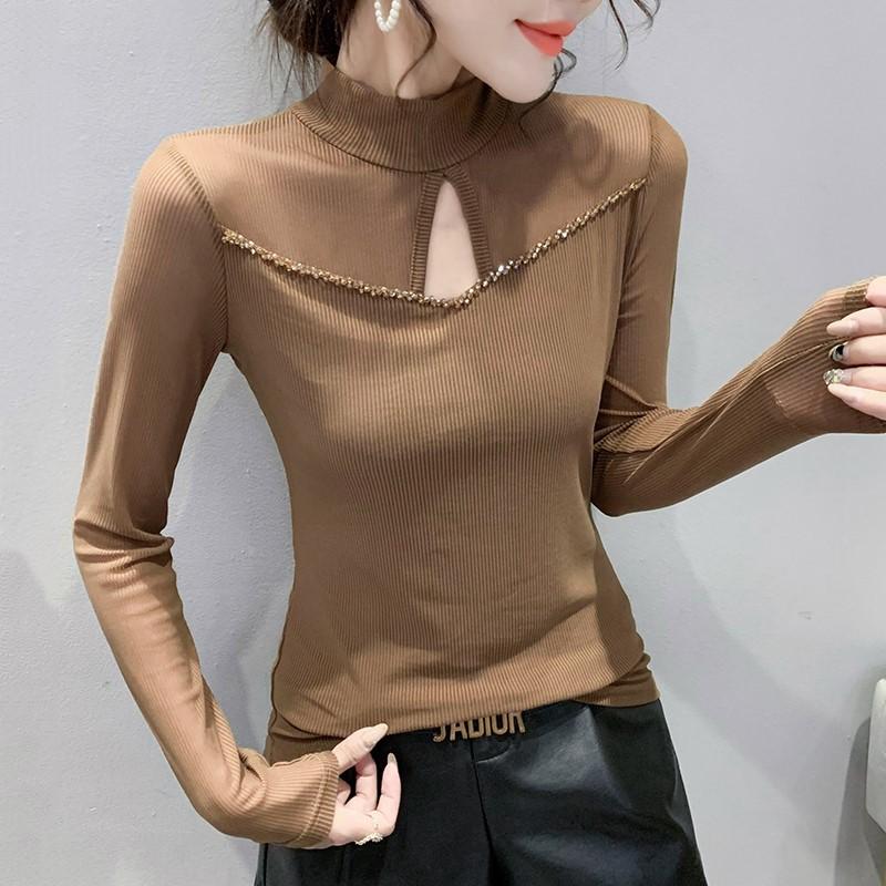 

Новая зимняя футболка с длинными рукавами и полувысоким воротом из бисера и сетки для женщин, тонкая базовая рубашка в корейском стиле 4XL