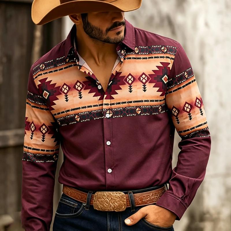 Retro Western Style Men's Long Sleeve Navajo Diamond-Shaped Tribal Print Outdoor Travel Loose Top