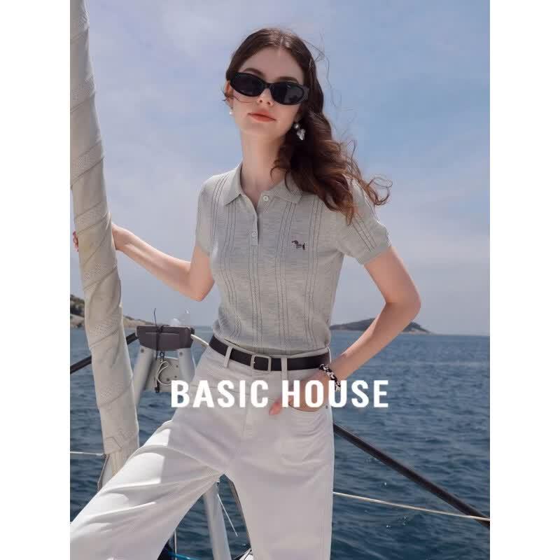 Basic House Women s Embroidered Tencel Knit Top S