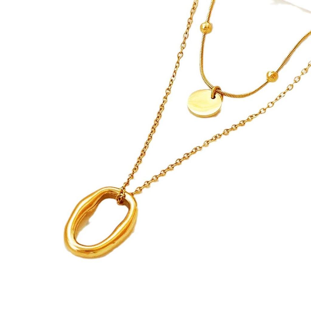 Elegantní nepravidelný geometrický dvouvrstvý zlatý náhrdelník z titanové oceli pro ženy - lehký luxusní klíční řetízek