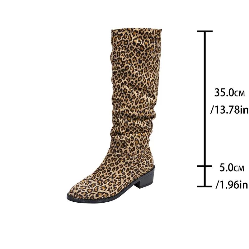 Fashion Autumn/winter New Pointed Pleated Pu Knight Boots for Women Shoe Retro Square Heeled Knee High Western Cowboy Boot Leopard Print
