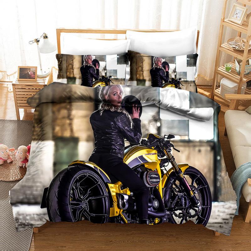 Lokomotive und Motorrad Muster Druck Bettbezug Kissenbezug 3D Digitaldruck Dreiteiliges Set