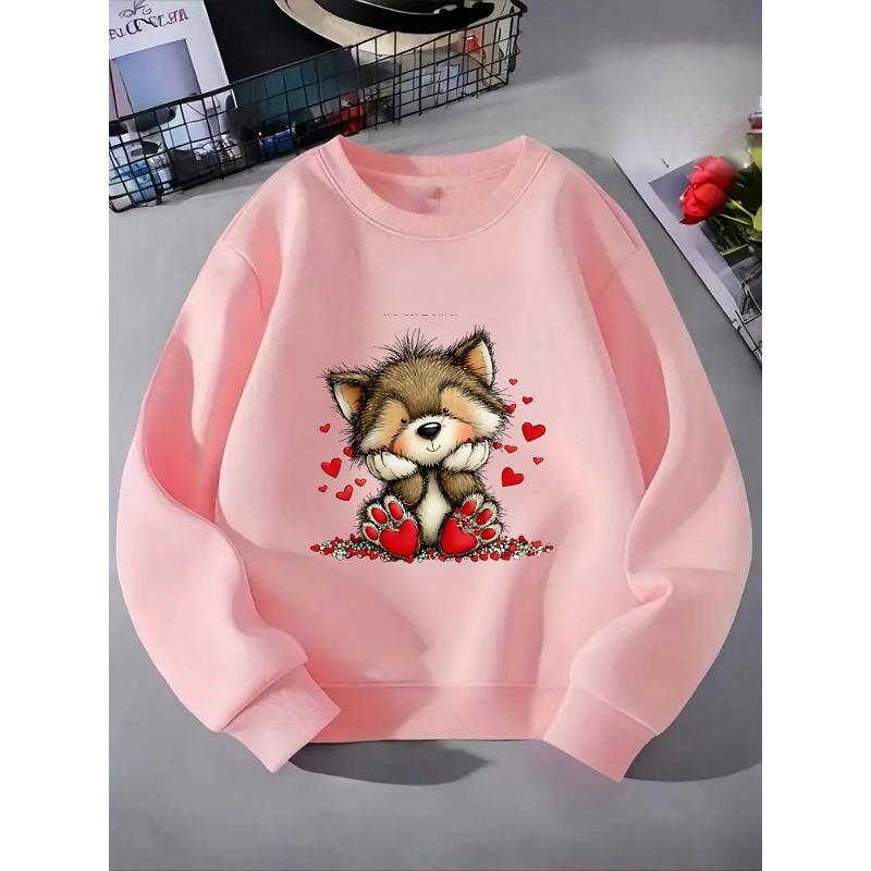 Girls' Crewneck Sweatshirt - Cute Fox with Hearts And Paws Machine Washable, Spring And Autumn, Sportswear And Casual Wear