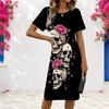 Women Plus Size Short Sleeve Round Neck Black Skull Rose Printed Fitted Dress