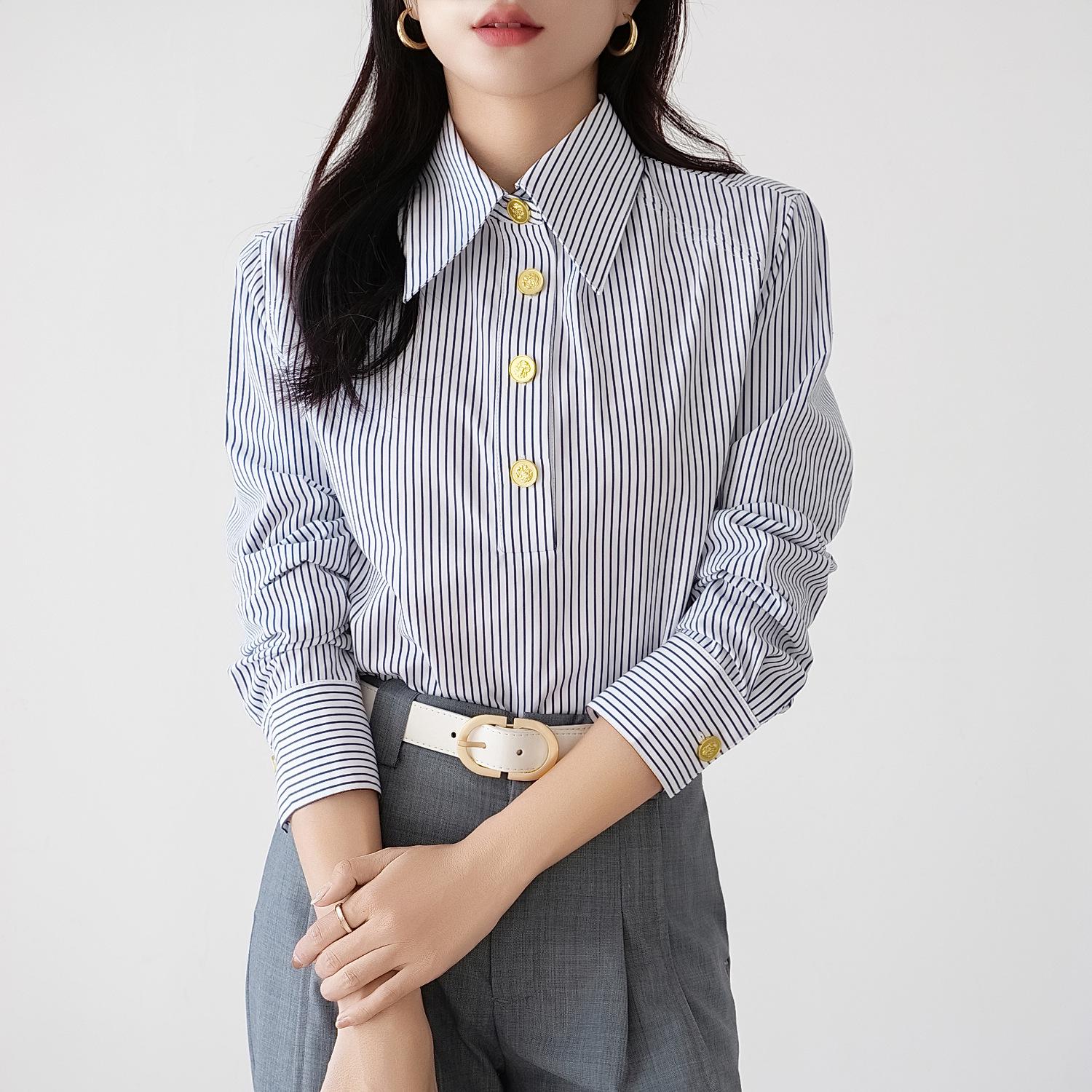 Women s Versatile Long-Sleeve Champagne White Striped Cotton Shirt L (recommended under 65kg)