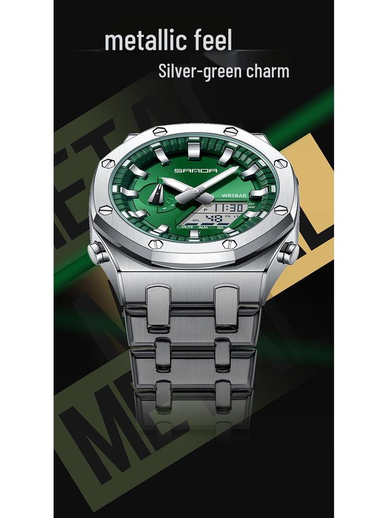 Sanda Octagonal Steel Band Multifunctional LED Light Watch for Men - TikTok Trendy Heartbeat Monitor Watch