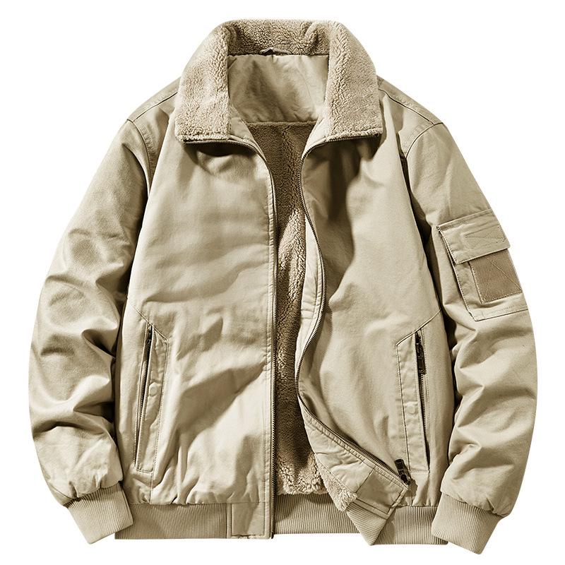 2025 Men's Double-Sided Washed Cotton Flight Jacket with Lambswool for Autumn/Winter