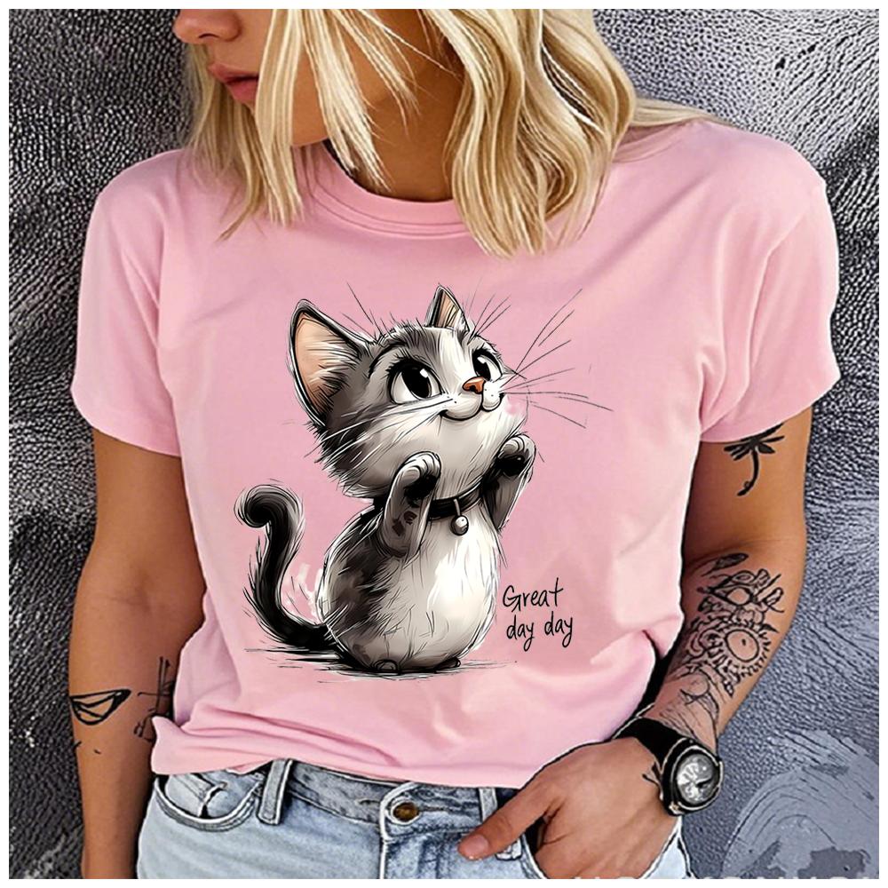 Unisex 100% Polyester Summer Top Great day day Hand-drawn style cat Print Loose round Neck Short Sleeve Fashion for Lovers