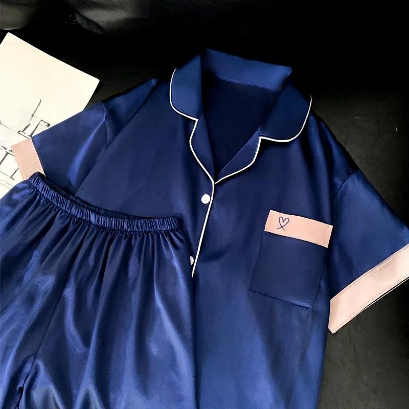 French Elegant Simple Heart Embroidery Women Pajamas Ins Style Classic Casual Lazy Lounges  Summer Lady Sleepwear