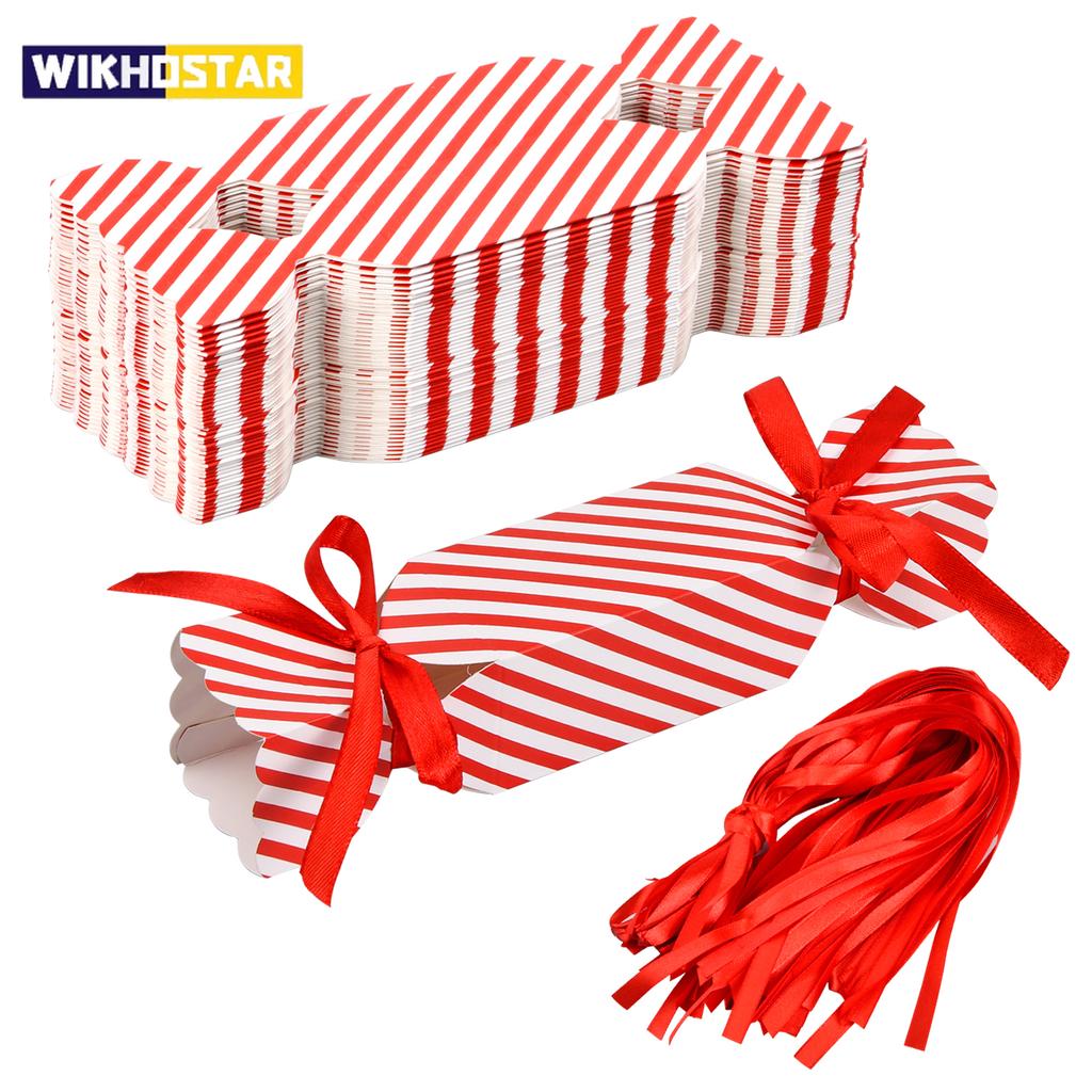 10pcs Candy Box For Christmas With Ribbons DIY Sweets Chocolate Cookies Decoration Party Gift Xmas Wedding Paper Packaging Boxes