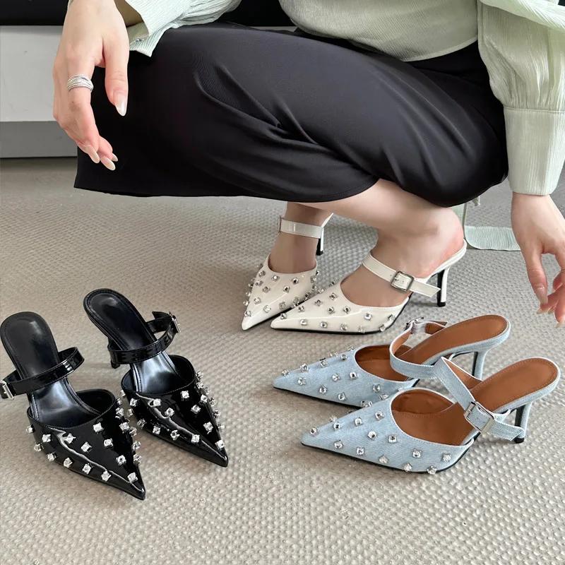 Fashion Eilyken Crystal Diamond Buckle Pointed Toe Women Slippers Fashion Thin High Heels Prom Party Pumps Ladies Shoes Zapatos De Mujer