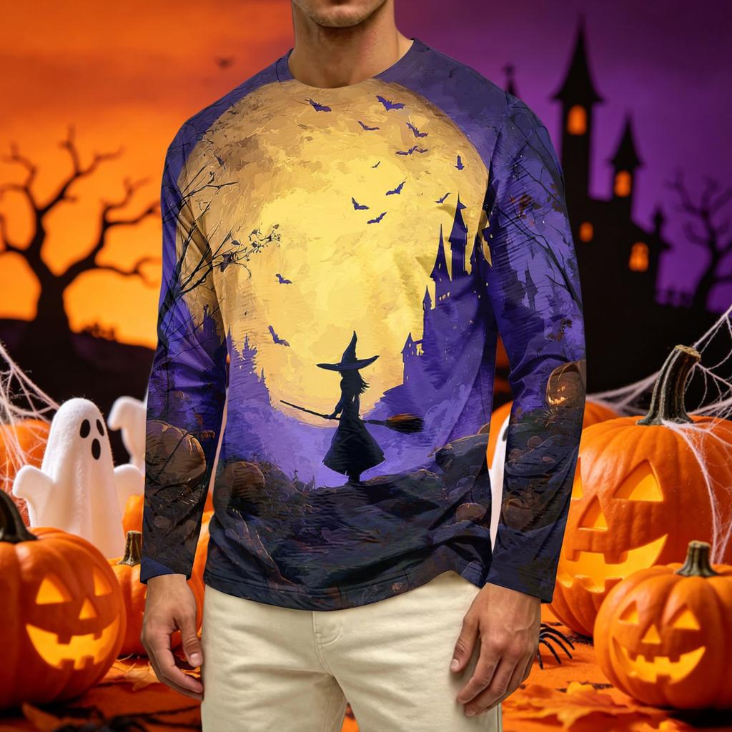 Men's Casual Long Sleeve Crew Neck T Shirt Halloween Pumpkin Ghost Print Lightweight Comfortable Fit Top