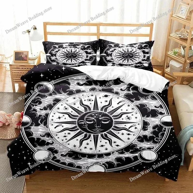 Sun and Moon Duvet Cover Set Boho Bedding Set for Kids Boys Girls Bohemian Style Queen Size Comforter Cover Psychedelic Design