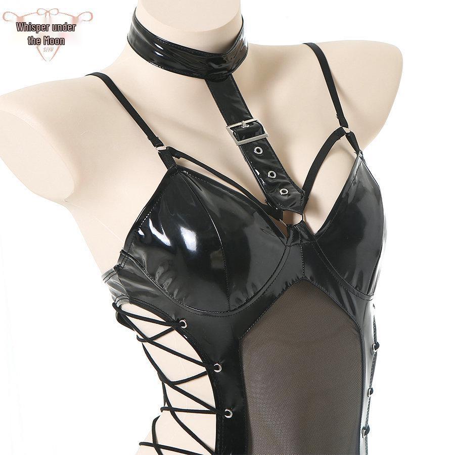Seductive Nightclub Queen: Patent Leather Bondage Lingerie Set