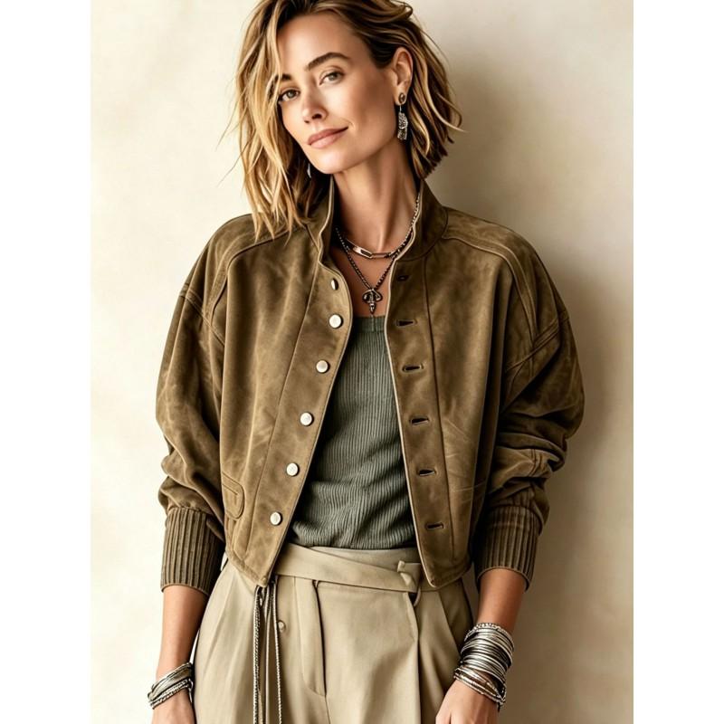Womens Short Suede Baseball Jacket Loose Fit Casual Outerwear Winter 2026