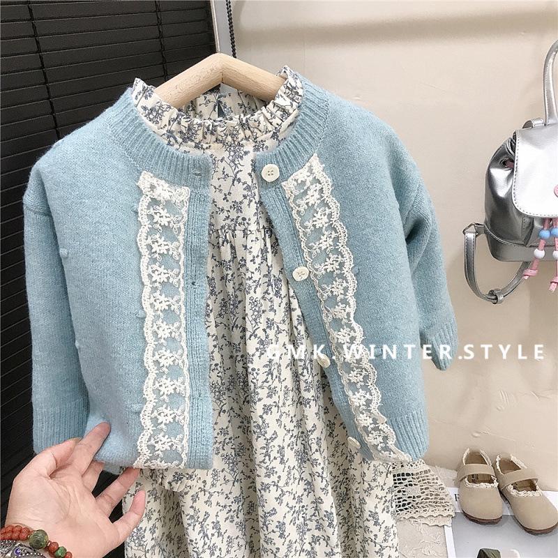 Ensemble Robe Florale d'Automne pour Filles Coréennes et Gilet à Bordure en Dentelle