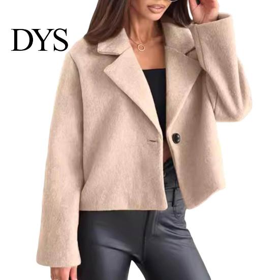 Short Style Jacket Women Woolen Turn-down Collar Solid Color Single Button Closure Coat Loose Fall Type Thermal Long Sleeved Commuting Dating