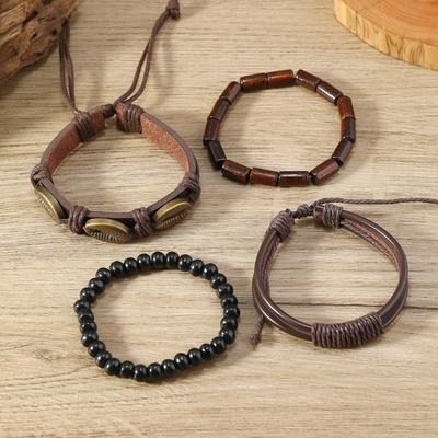 Hot Sale Retro Literary Style Alloy Shell Multi-layer Beaded Wood Bead Handwoven Leather Bracelet Four-piece Set