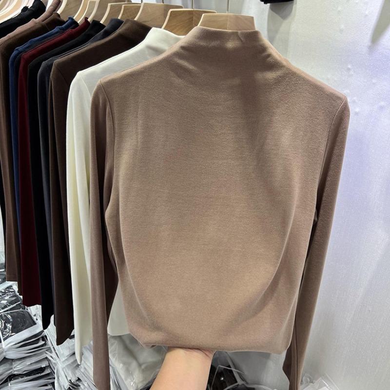 Autumn Half High Collar Slim Fit Plush Base Casual T-shirt Women Winter Long Sleeve Solid Velvet Women's T Shirt Elegant Retro Warm Lady Tee Top 25573