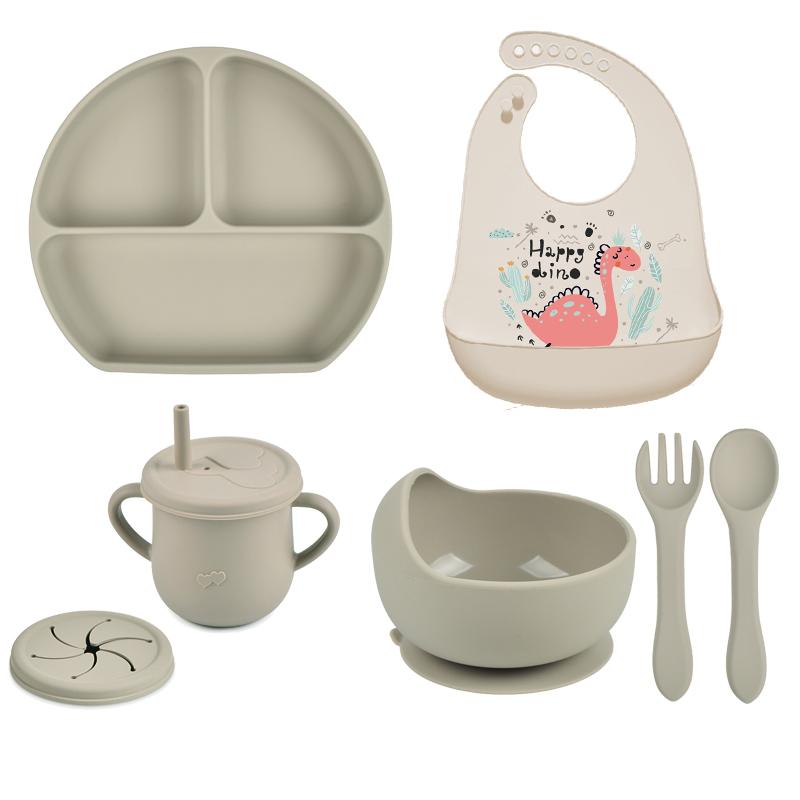 7pcs/set Baby Silicone Tableware Cartoon Printed Bibs Sucker Bowl Plate Cup Spoon Fork Sets Non-slip Children's Dishes BPA Free