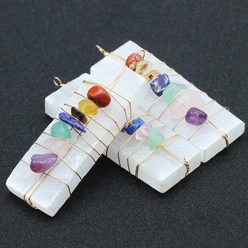 Natural Raw Selenite Blade with 7 Chakra Chip Stones Wire Wrapped Healing Crystals Specimen Hanging Ornament