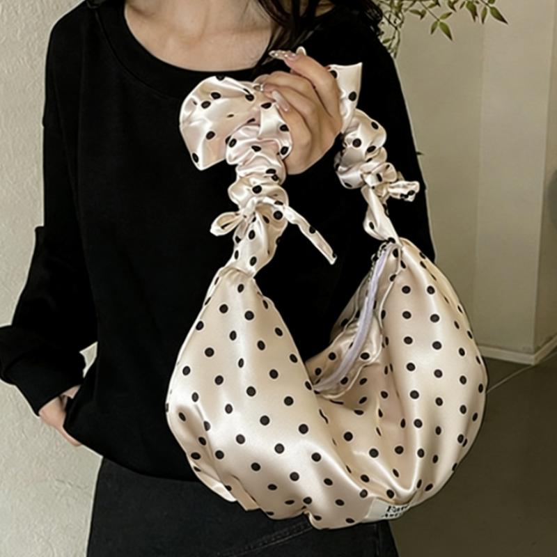 Pleated Dumpling Bag Polka Dot Satin Handbag Feminine Cloud Bag With Zipper Fashi Versatile Sweet High-capacity Shoulder Bag