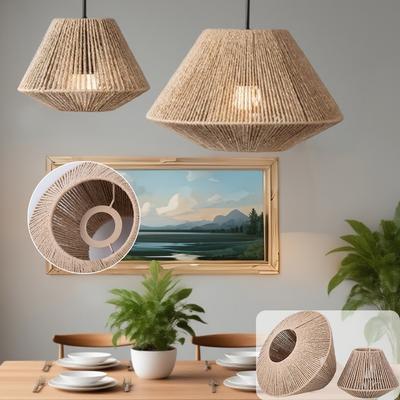 Farmhouse Style Rattan Lamp Geometric Shade Light Covers Chandelier Hanging Wicker Woven Fixture Decor for Living Room Bedroom