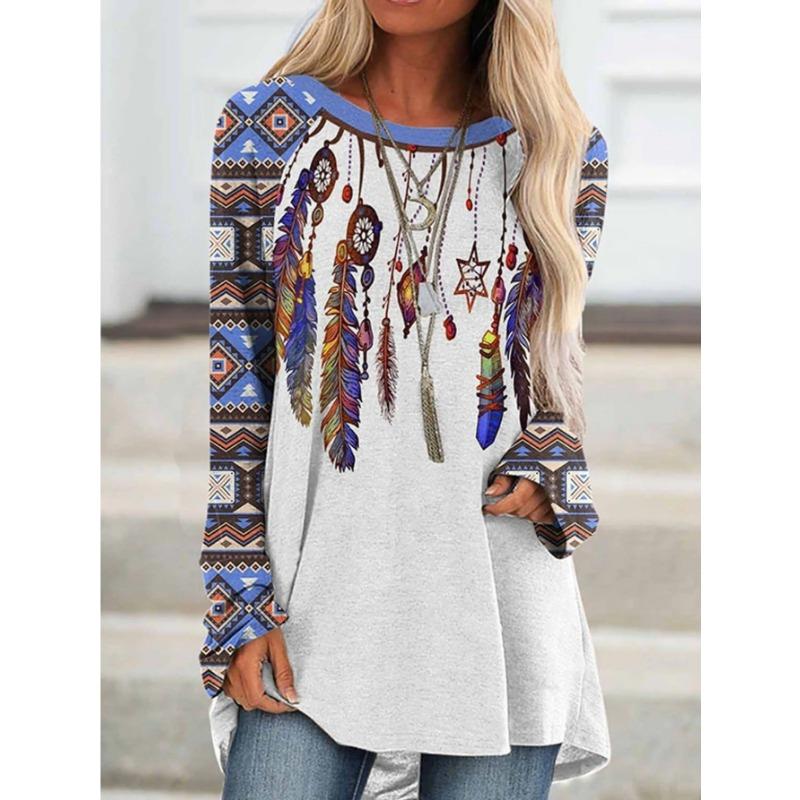 Women's printed long-sleeved T-shirt, suitable for spring, autumn and winter seasons. Fashionable and versatile, machine washable.