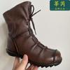 Womens Mid-Calf Leather Martin Boots Vintage Warm Chunky Heel Casual