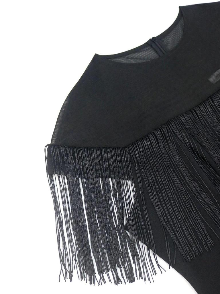 AOMEI Vestidos con flecos hasta la rodilla para mujer, cuello redondo, retazos transparentes, sin mangas, imperio, cóctel, evento, fiesta, trajes con borlas y cinturón