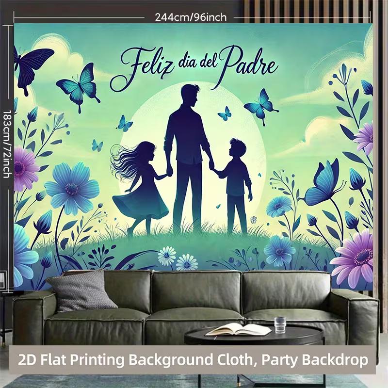 Warm Father's Day Backdrop, Gentle Green and Blue Scene with Father, Kids, Butterflies and Flowers, Heartfelt and Sentimental Wall Art