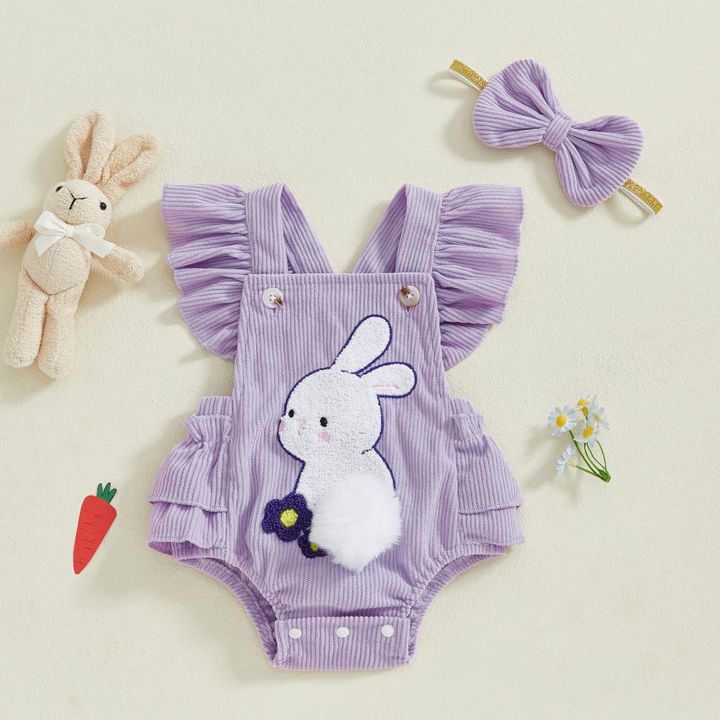 Baby Girl Easter Romper Bunny Embropidery Flying Sleeves Square Neck Bodysuit with Bow Headband