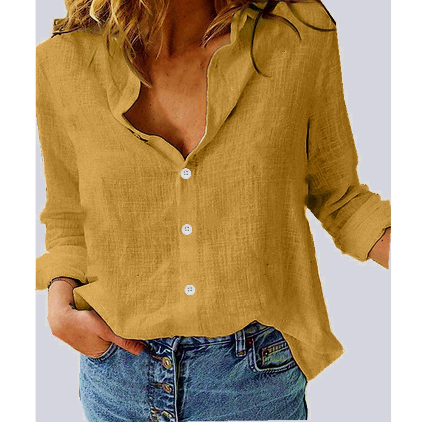 

Женская свободная льняная рубашка на пуговицах с длинными рукавами и лацканами, повседневная блузка, топы XXL жёлтый