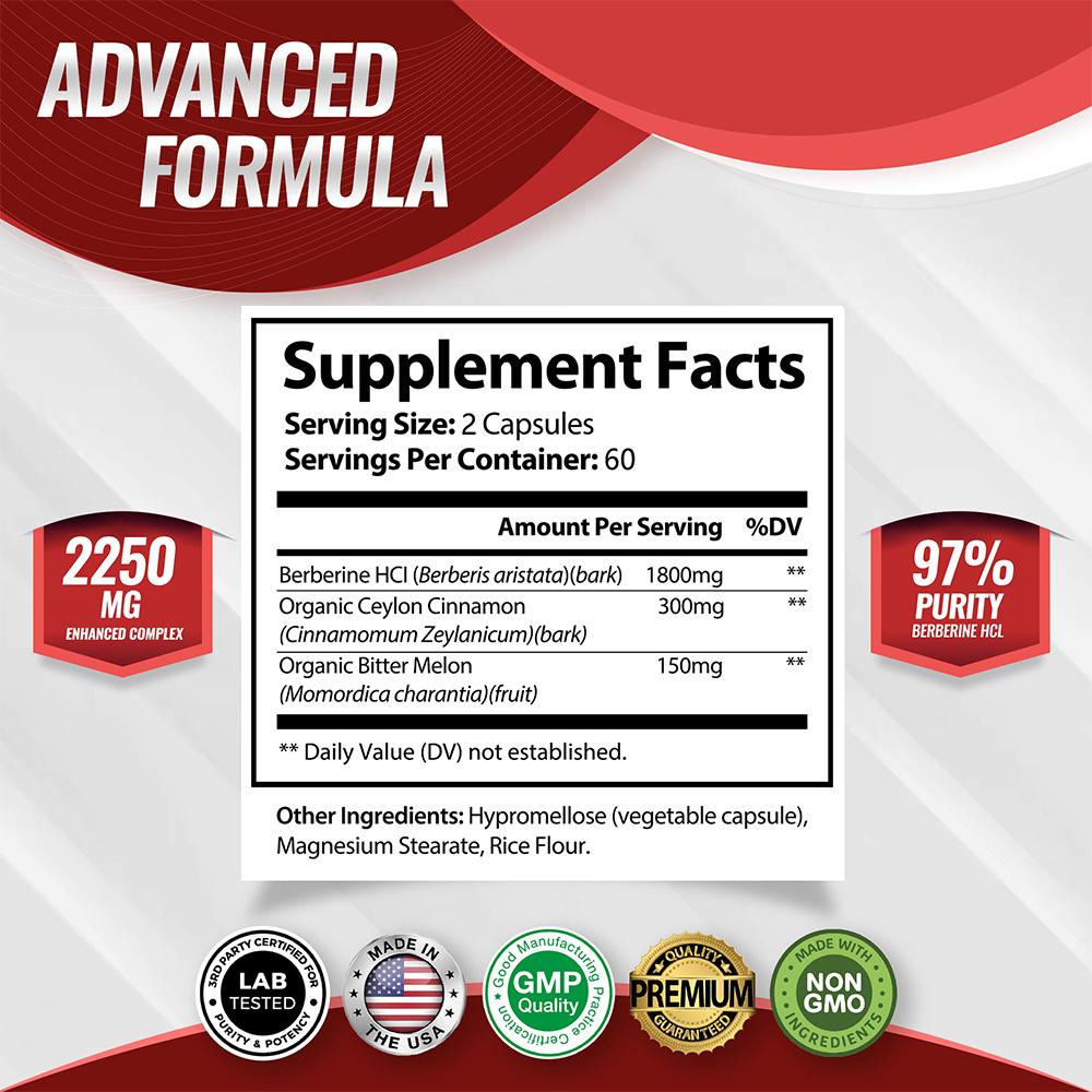 Bunkell Berberine Complex Dietary Supplement, 2250mg, 120 Capsules