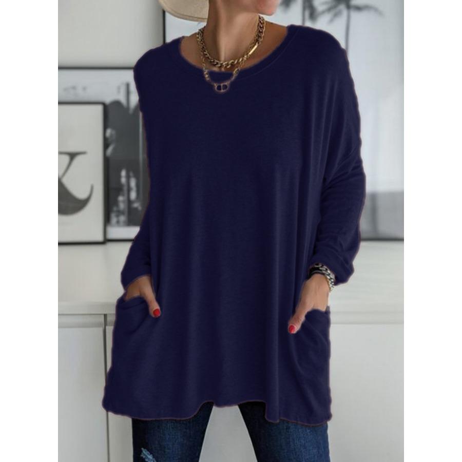 Frühling Sommer Rundhals Langarm Locker Tasche Einfarbig T-Shirt Lässige Damenbekleidung