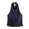 Summer New Product Women's Clothes French Short Silk Satin Texture Open Back Hanging Collar Tops 3203317 2069399