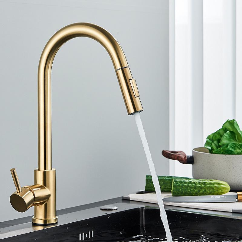 Gold & Black Brushed 304 Stainless Steel Pull-Out Kitchen Faucet for Sink & Vegetable Basin
