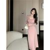 Ji lotus leaf edge strap long dress new hip wrap dress women's pink skirt