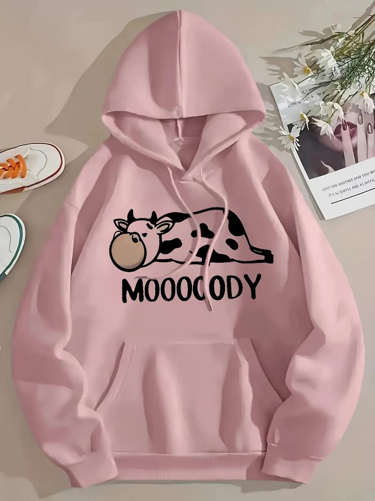 Lazy Spotted Cow Pun Men Hip Hop Sports Hoodie, Cartoon Cow Drawing And MOOOOODY Words Front Pattern, Soft Loose Daily Sweatshirt
