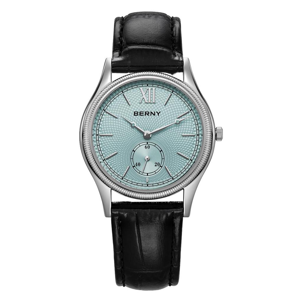 BERNY Watch Waterproof Watch Fashion Analog Quartz Watch Male Classic Roman Numeral Markers Stainless Steel Case Genuine Leather Band Men's