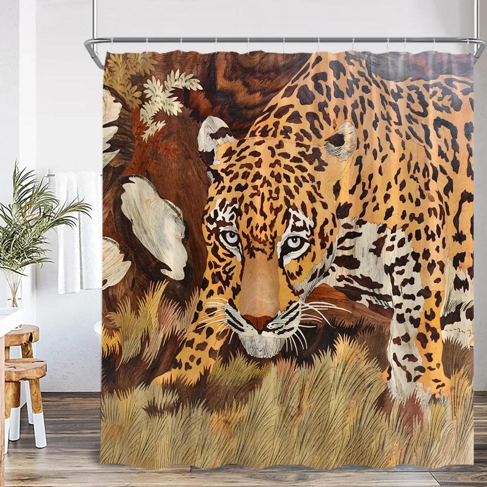 Wild Animals Shower Curtain Tiger Forest Elegant Panther Green Palnts Rose Floral Home Decor for Bathroom Polyester Bath Curtain