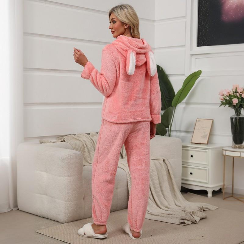 Pink Cute Bunny Ear Pajama Set Young Women - Soft Warm Loungewear Home Outdoor Wear