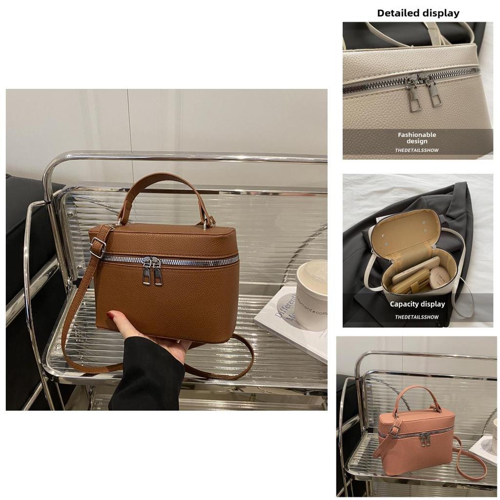 Solid Color Lychee Texture Embossed Shoulder Square Bag With Zipper Closure For Daily Use