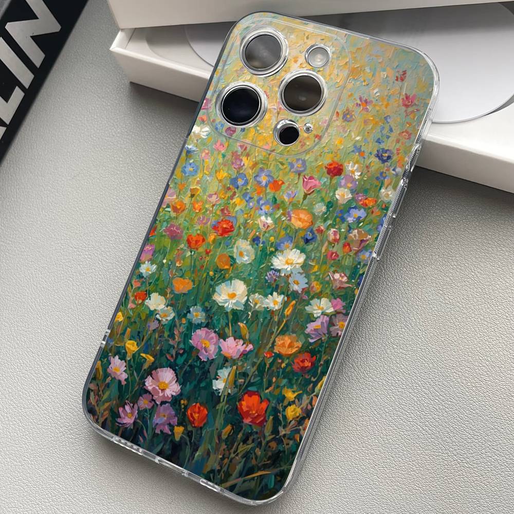 Oil Painting Of Flowers Transparent Phone Case For iPhone 17 16 15 11 12 13 14 Pro Max Mini Soft TPU Silicone Plus