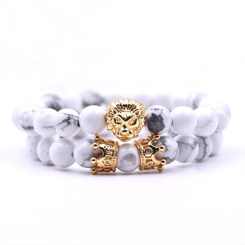 Noter 2pcs/set King Lion Bracelets Men Luxury Crown Braslet 8mm Natural Stone Beaded Brazalete Distance Couple Braclet Pulseira