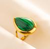 Green Striped Stone Vintage Gold Color Stainless Steel Open Adjustable Rings For Women Men Accessories Finger Jewelry Sun Flower
