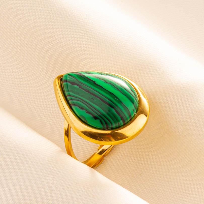 Green Striped Stone Vintage Gold Color Stainless Steel Open Adjustable Rings For Women Men Accessories Finger Jewelry Sun Flower